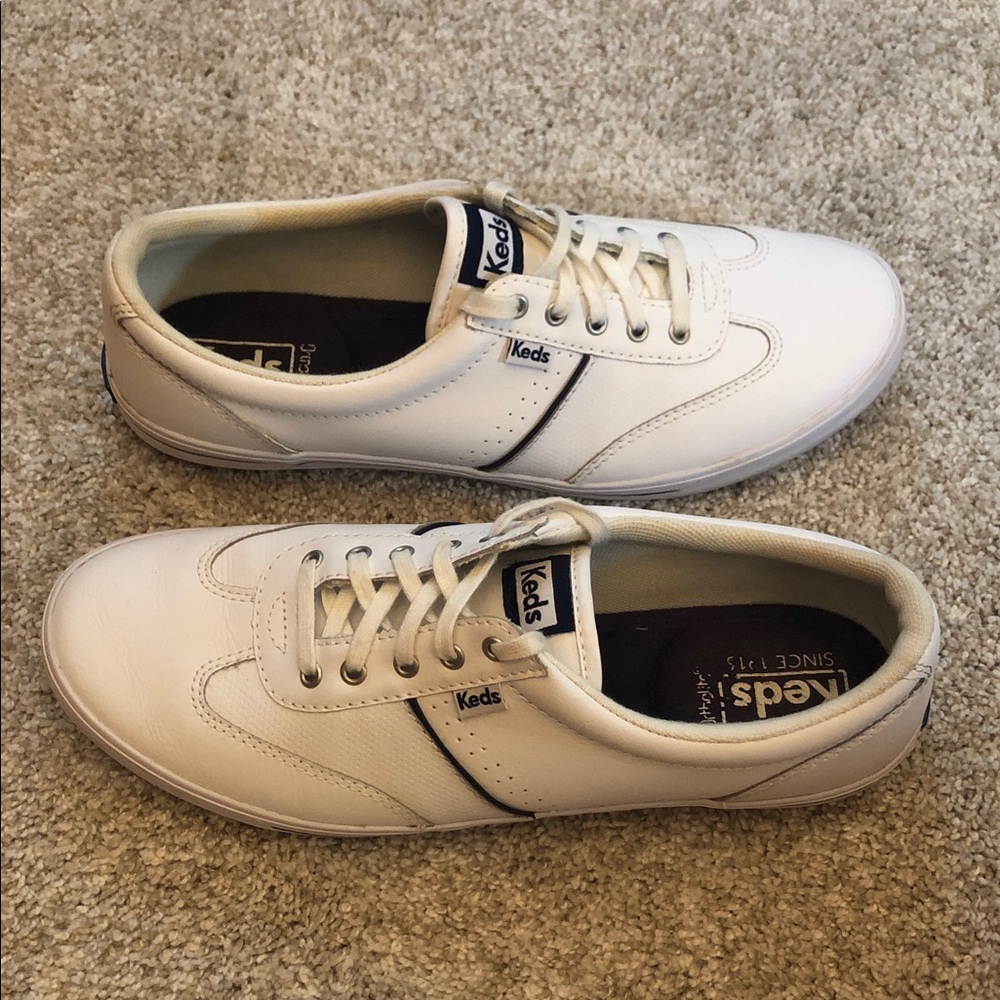 KEDS Women’s Leather Ortholite Sneakers White with Blue Stripe Size 9